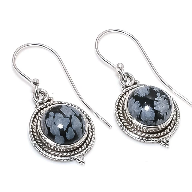 Snowflake Obsidian Gemstone 925 Solid Sterling Silver Jewelry Earring 1.25"