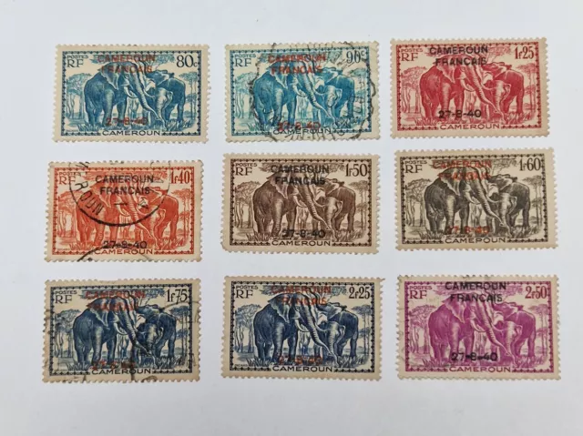 Série de 9 timbres Cameroun RF "ELEPHANTS" surcharge CAMEROUN FRANCAIS 27.8.40