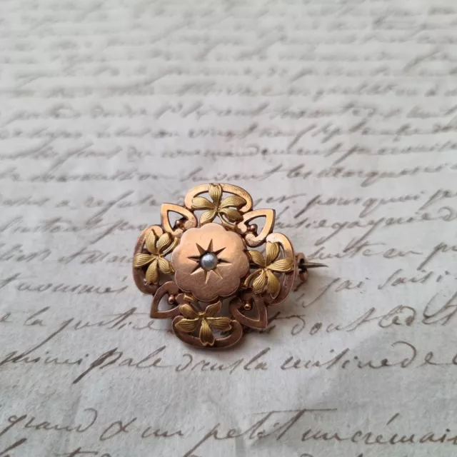 Broche Ancienne FIX Plaqué Or 1900 avec Perle Jewel Gold Filled Brooch 2
