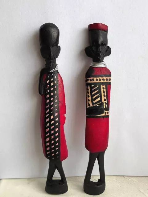 Pair Hand Carved Wooden African Tribal Statues Man Woman Decor Vintage