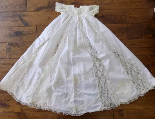 Vtg Handmade Satin & Lace Baby Christening Gown Ribbon Long NEEDS WORK