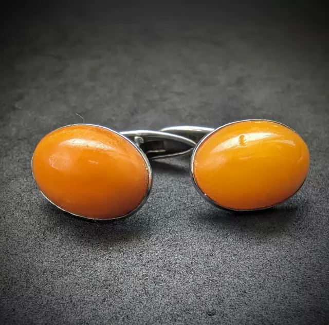 Art Deco Manschettenknöpfe Butterscotch Bernstein Egg Yolk 830 Silber alt 1930