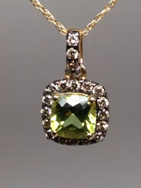 10K Yellow Gold Princess Cut Peridot with Champagne Diamond Halo Pendant New