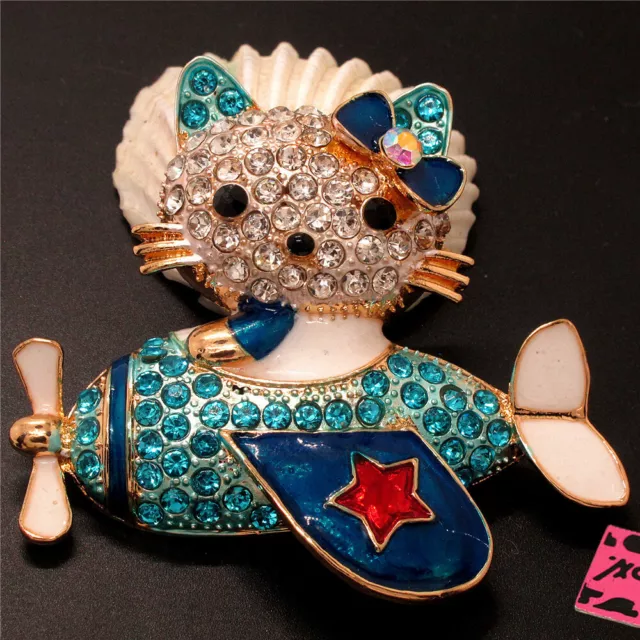 New  Blue Enamel Cute Cat Airplane Crystal Betsey Johnson Charm Brooch Pin Gift