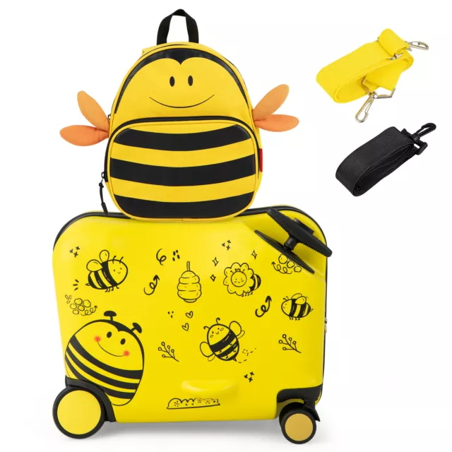 2 PCS Kids Luggage Set 18" Ride-On Suitcase & 12" Backpack w/Wheels for Travel