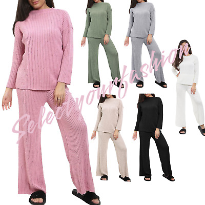 Ladies 2 Pcs Knitted Ribbed round neck Lounge Wear Suit Set Women's Tracksuit