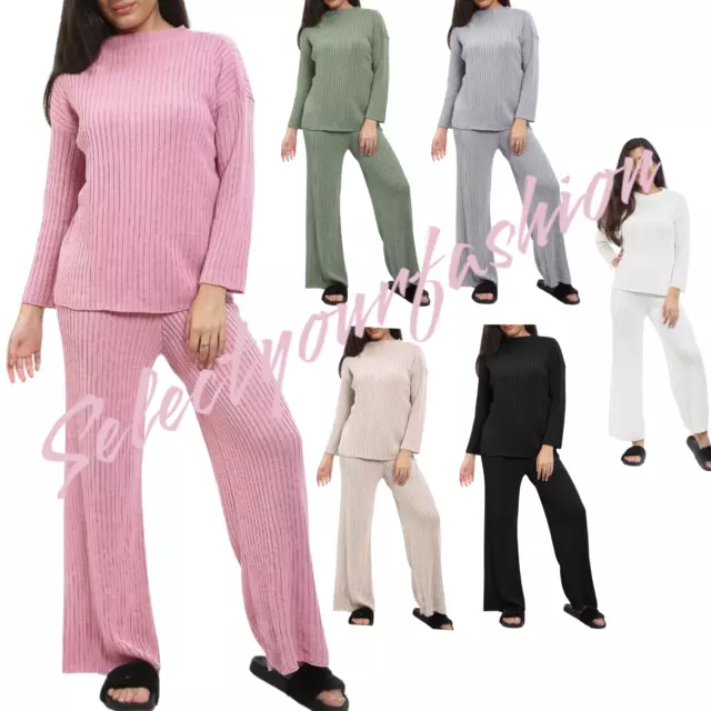 Ladies 2 Pcs Knitted Ribbed round neck Lounge Wear Suit Set Women's Tracksuit