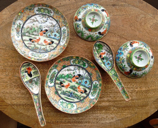 ANTIQUE CHINESE ROOSTER ornate handpainted china 2 sets of bowls