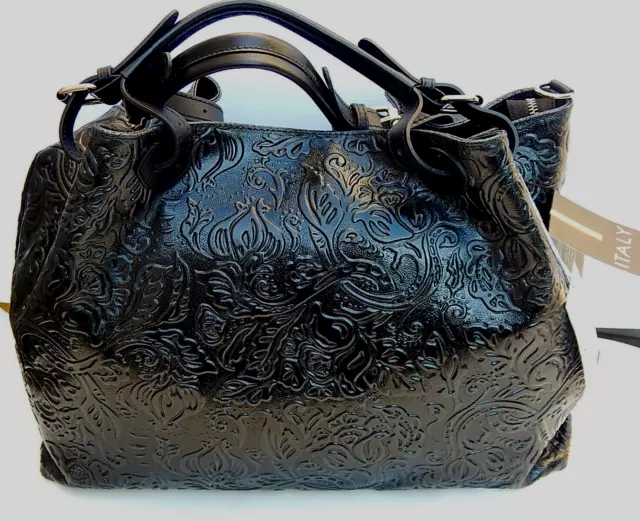 ISADORA ITALY Black Tooled GENUINE Leather Large Bag Tote Purse NEW AUTHENTIC