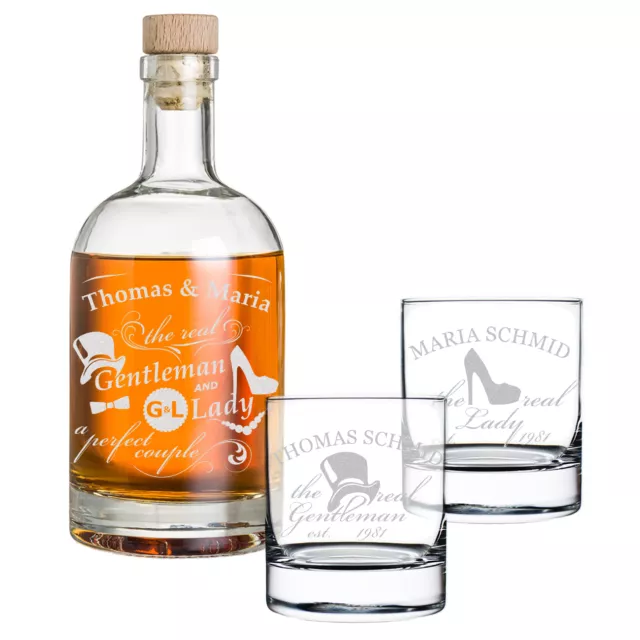 3er Set de Regalo Botella de Whisky Whiskyset 2x Gafas con Grabado Personalizada