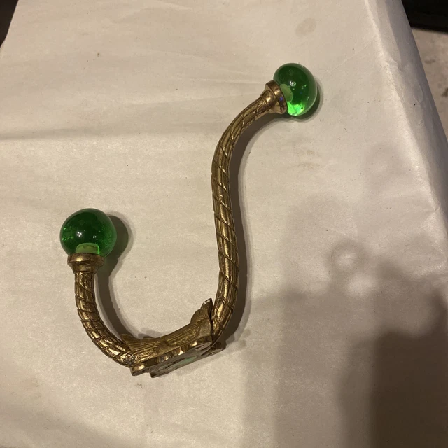 Vintage Brass Double Wall Coat Hook With Green Glass Knobs