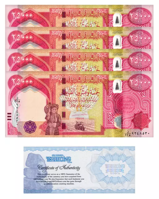 Iraq 25000 Dinars 4 BanknoteS UNC COA ,100,000 USA seller!!!