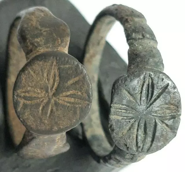 Ancient Metaphysical Power bronze Ring infinity Vtg Cross signs Seal Stamp Set 2