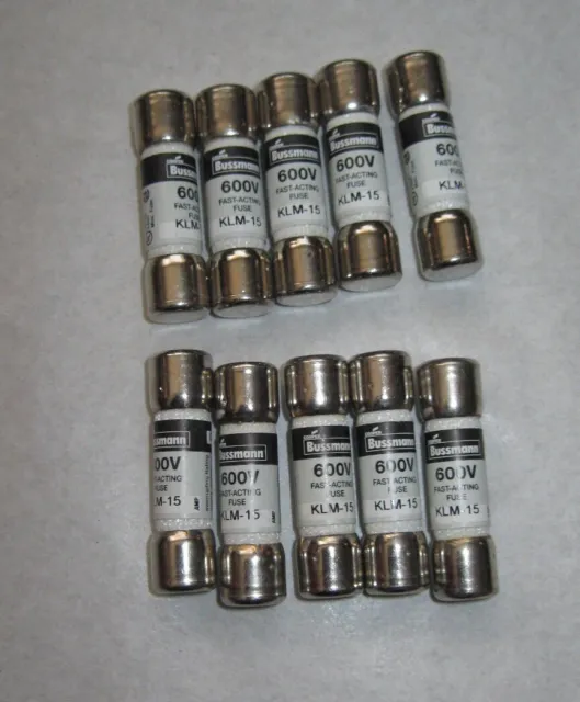 New Lot of 10 Bussmann KLM-15, 15 Amp Fast-acting Fuses 600 Vac No Box