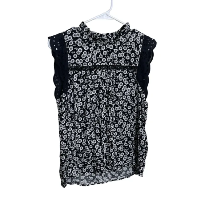 Loft Blouse Women's Small Black White Floral Sleeveless Tank Top Lace Trim