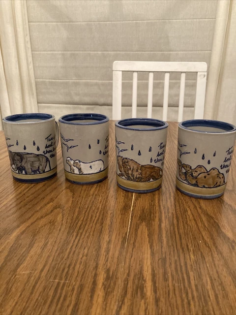 4 Louisville Stoneware Mugs Noah’s Ark Elephants Sheep Camels Blue & Gray