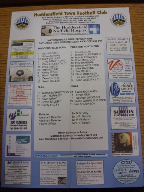 21/10/2000 Colour Teamsheet: Huddersfield Town v Preston North End  (Folded). Th