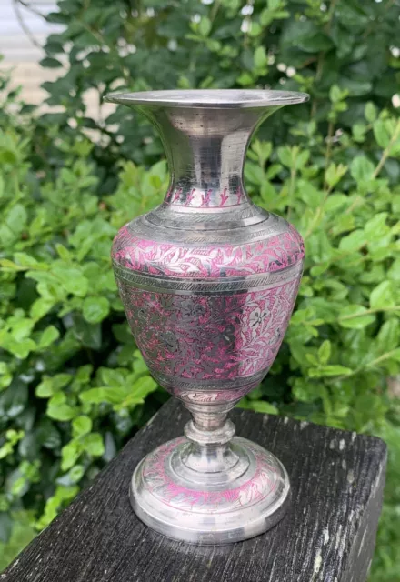 Vintage Silver Metal Vase Engraved Pink Enamel brass? 13cm Silverplate India