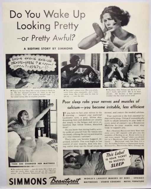 1937 Simmons Beautyrest Mattress Looking Pretty Vtg Poster Man Cave Art Deco 30s