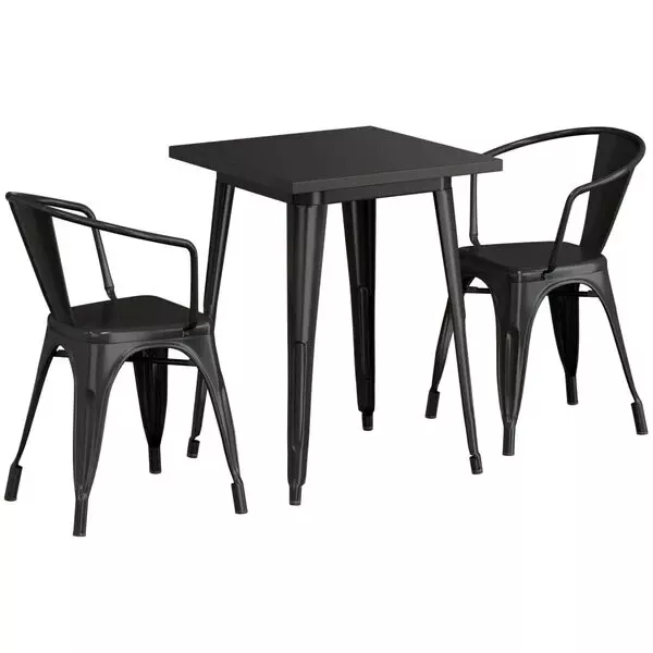 23.5'' Square Black Metal Restaurant Table Set with 2 Armchairs For Outdoor Use