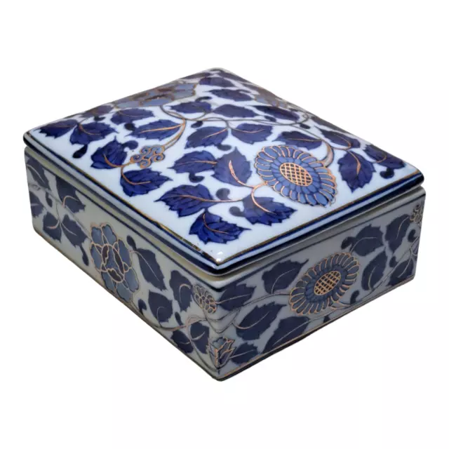 Porcelain Trinket Box Blue & White Gold Detail Jewellery Oriental Style Vintage 2