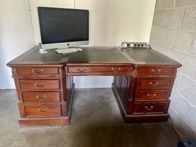 Victorian Carved Oak Pedestral Desk 6ft Leather Top CEO Desk Double Sided 2