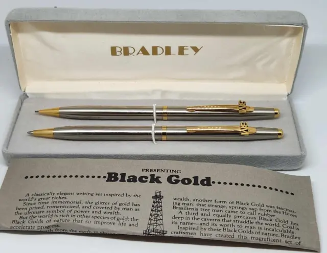 Vintage 1980s Bradley 3M Black Gold Ball Point Pen/Mechanical Pencil Set in Case