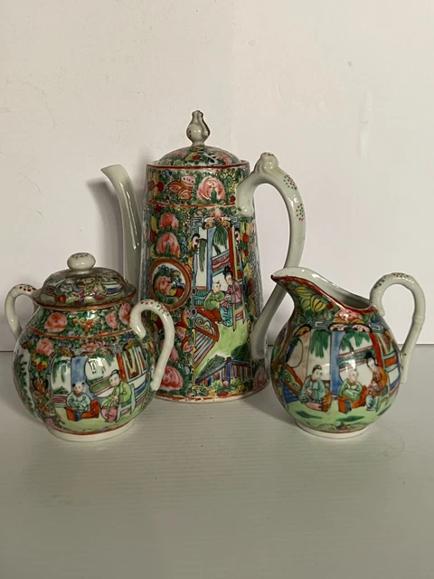 Chinese Famille Rose Porcelain Canton Tea Set Teapot & Milk Jug & Sugar Bowl