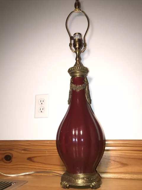 Oxblood Red Bronze Ormolu Chinese Porcelain Table Lamp Urn Serves Ribbed Vase