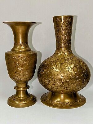 Pair of Antique Etched Brass Vases - Handmade Made in India -Leaf Motif Numbered