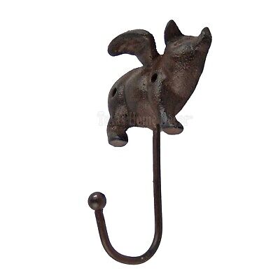 Flying Pig Wall Hook Key Coat Hanger Cast Iron Rustic Brown Finish Antique Style 2