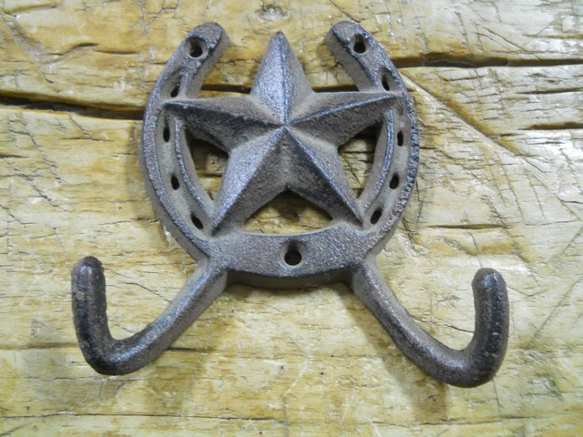3 Cast Iron Rustic Ranch STAR 2 HOOK Coat Hooks Rack Towel HorseShoe