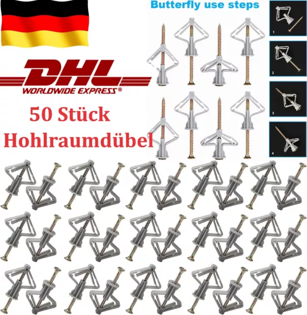 50 Stk Gipskartondübel Rigipsdübel Nylondübel mit Schraube Hohlraumdübel DHL