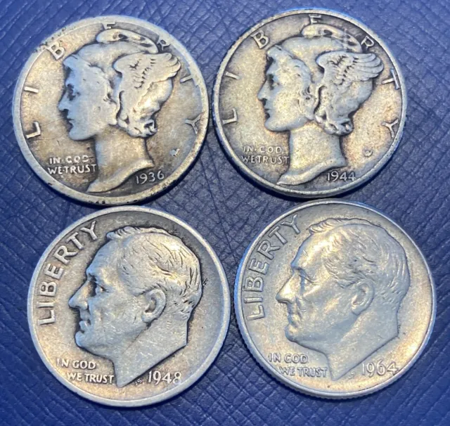 (4) Total Silver Mercury & Roosevelt 10c Dimes *Nice Condition*