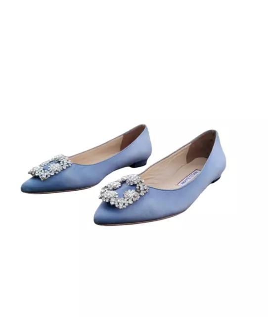 Manolo Blahnik Hangisi Embellished Royal Blue Satin Flats Size 37 US 7