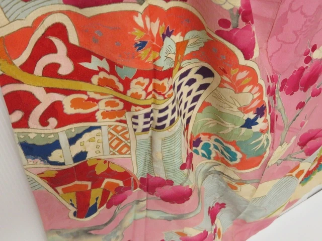 2211T05z690 Antique Japanese Kimono Silk CHU-FURISODE Plum blossom Dull pink 3