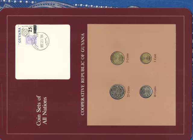 Coin Sets of All Nations Guyana wcard UNC 25,10,5 cents 1985 1 cent 1982 DEC2184