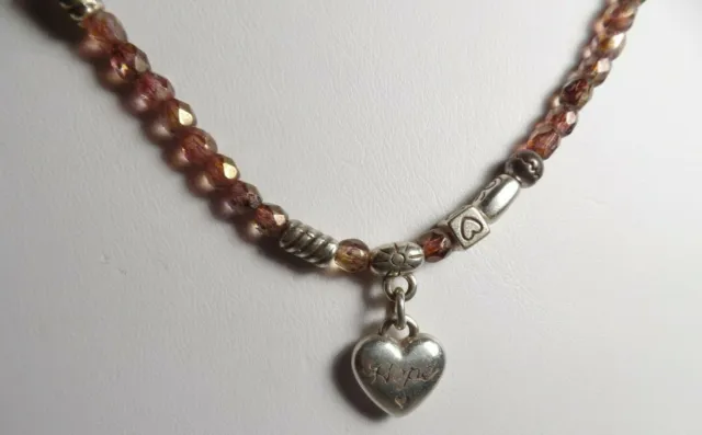 HOPE Heart Necklace Purple Glass Beads Heart Beads 16"