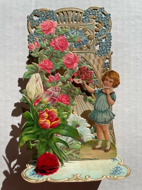 1910's 3-D Pull Down Valentine's Day Card- Little Girl with Lots of Flowers