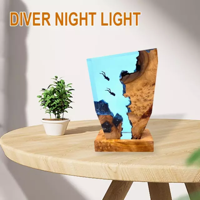 Diver Ship Night Light Epoxy Resin Lamp Wood Base Home Xmas New Gifts Decor C0C3