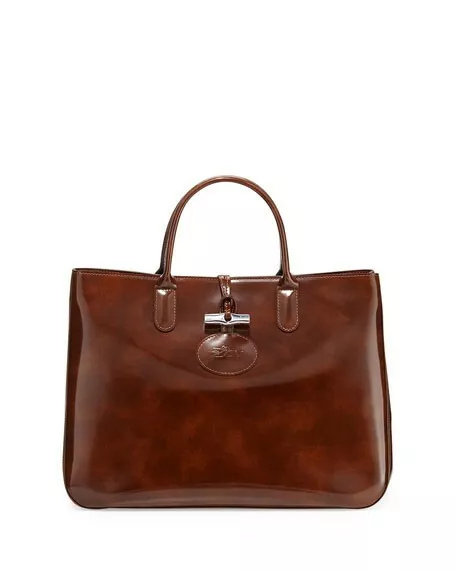 Longchamp Roseau Box Large Wood Brown Patent Leather Tote Bag Bamboo Toggle NWOT