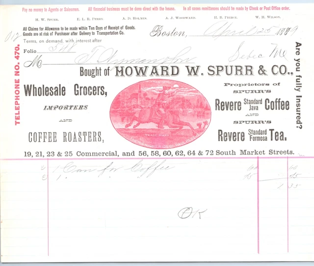 Vintage Billhead Howard W. Spurr Co. Boston MA Paul Revere Illustration Tea 1889