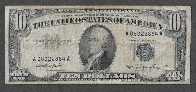 FR. 1706 Ten Dollars ($10) Series of 1953 Blue Seal Silver Certificate