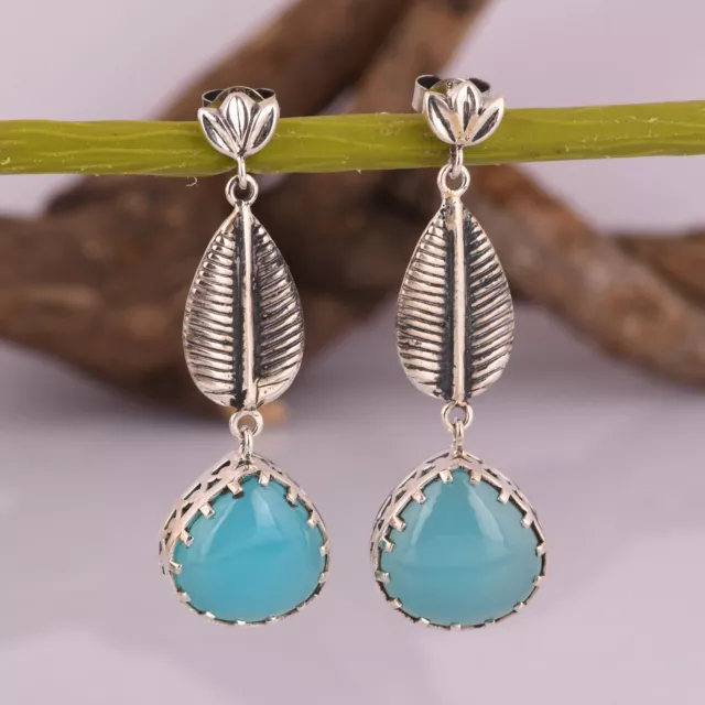 Aqua Chalcedony Gemstone Sterling Silver Leaf Textured Dangle Earrings Jewelry