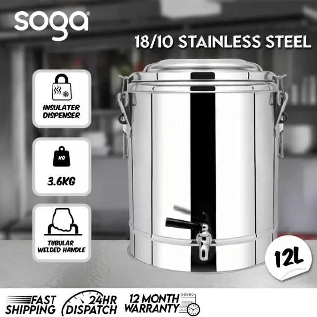 SOGA 12L Stainless Steel Insulated Stock Pot Dispenser Hot & Cold Beverage w Tap