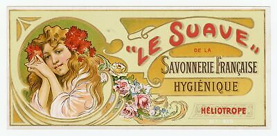 Antique, Unused, French Art Nouveau LE SUAVE Soap Box Label, HELIOTROPE SET