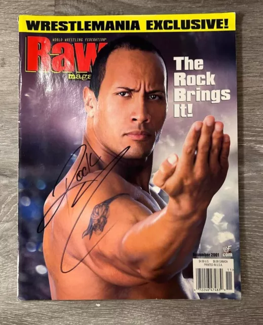 THE ROCK Signed Autograph WWF WWE Raw Magazine Rare Wrestlemania Dwayne Johnson