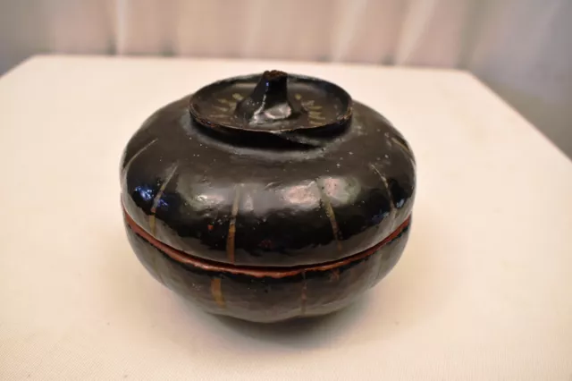 Vintage Burmese Lacquerware Pumpkin Box Black Hand Painted Myanmar Storage Rare"