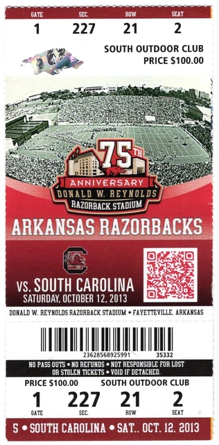 Arkansas Razorbacks Football Ticket Stub South Carolina 2013 Razorback Stadium