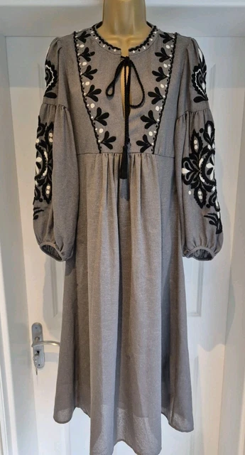 zara grey dress with embroidery XS & Black Linen Blend Tassel Embroidered Kaftan Midi Length £16.99 Fabric:Sparkle